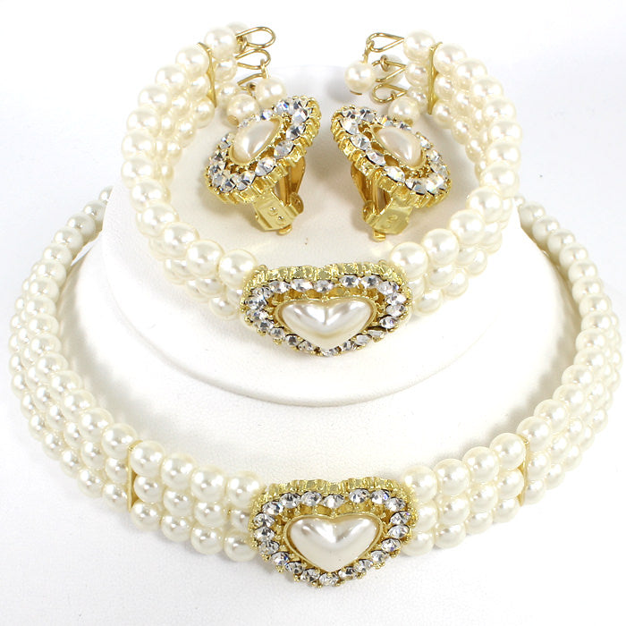 3 PC Pearl Clip On Earring Choker Set