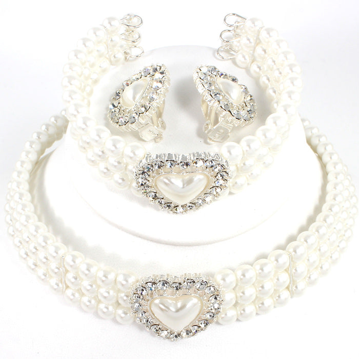 3 PC Pearl Clip On Earring Choker Set