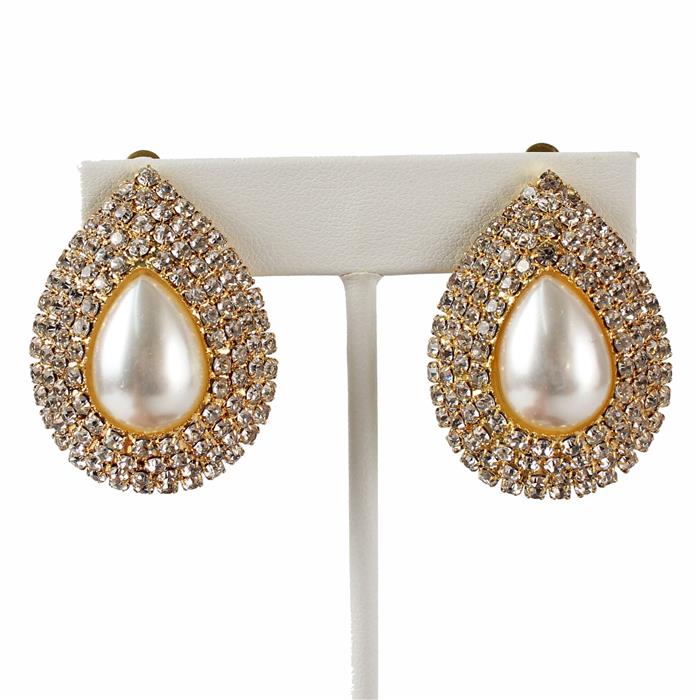 Rhinestones Pearls Tear Clip-On Earring