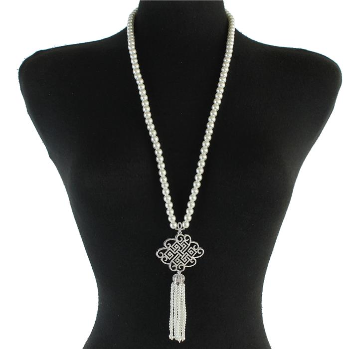 Pearl Long Tassel Cz Necklace