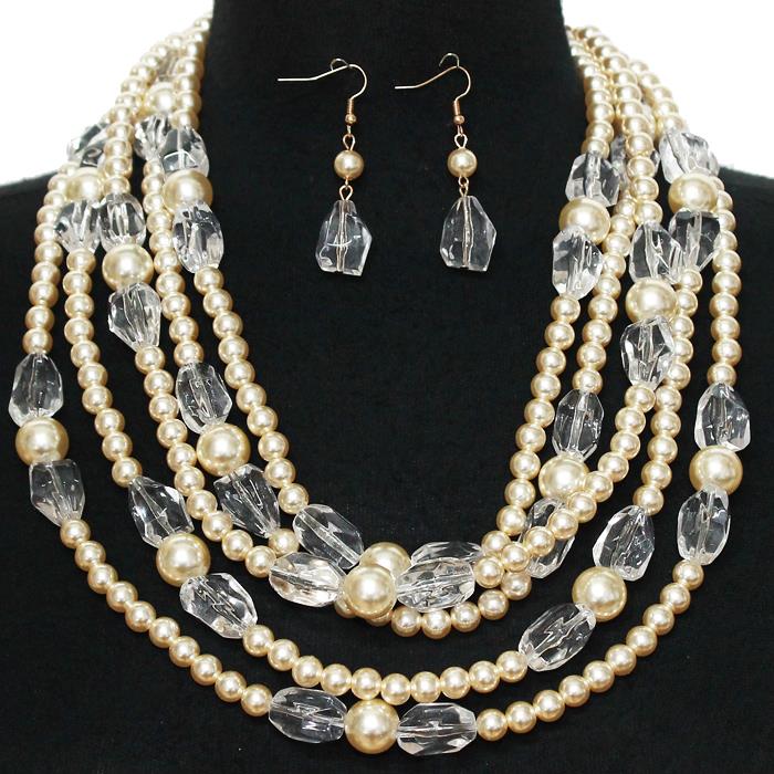 Multilayered Crystal-Pearl Necklace Set