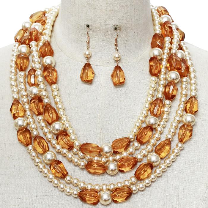 Multilayered Crystal-Pearl Necklace Set