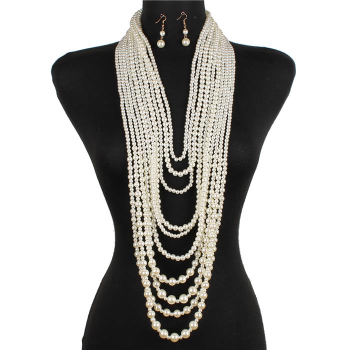 Multilayered Pearl Long Necklace Set