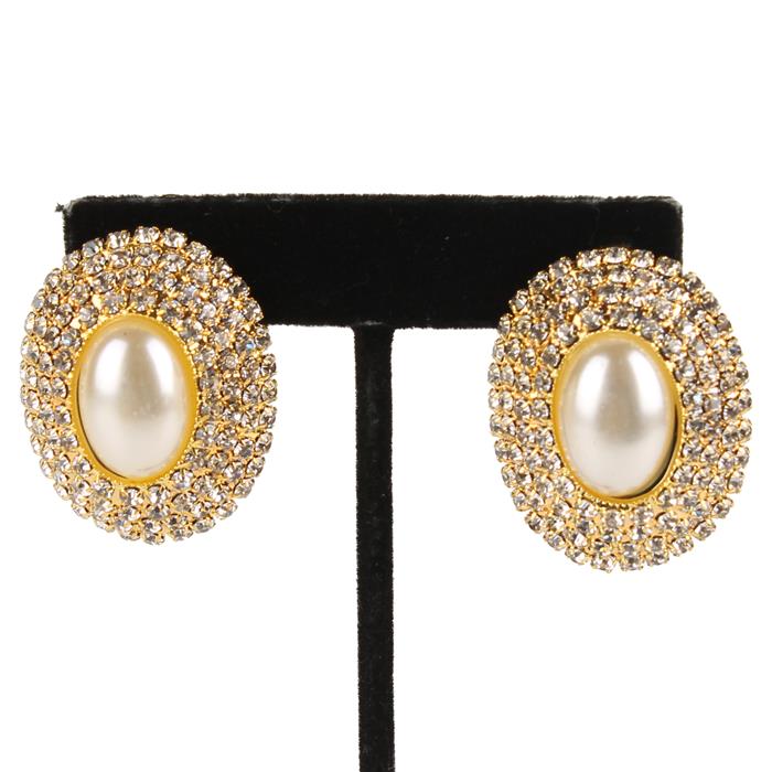 Rhinestone Pearl Oval Clip On Earring