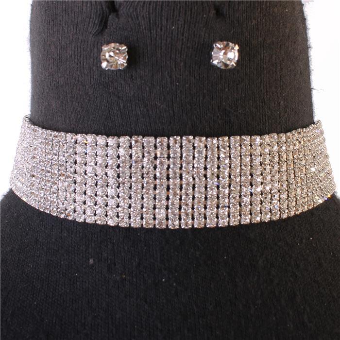 Rhinestones Nine Lines Choker Necklace Set