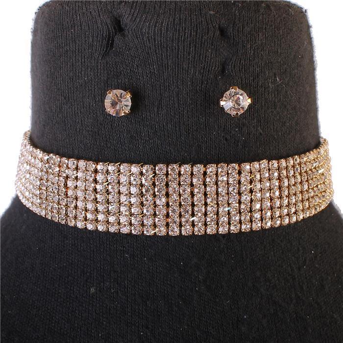 Rhinestones Seven Lines Choker Necklace Set