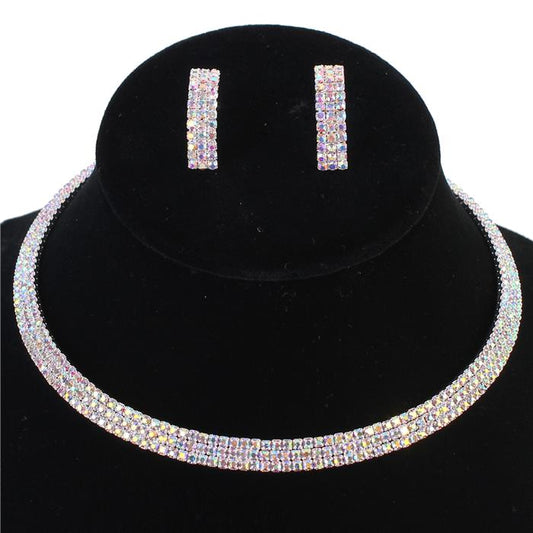 Rhinestones 3 Lines Choker Necklace Set