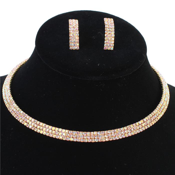 Rhinestones 3 Lines Choker Necklace Set