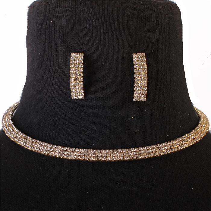 Rhinestones 3 Lines Choker Necklace Set