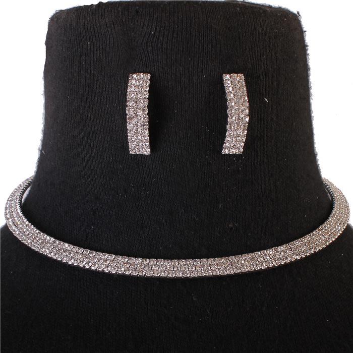 Rhinestones 3 Lines Choker Necklace Set