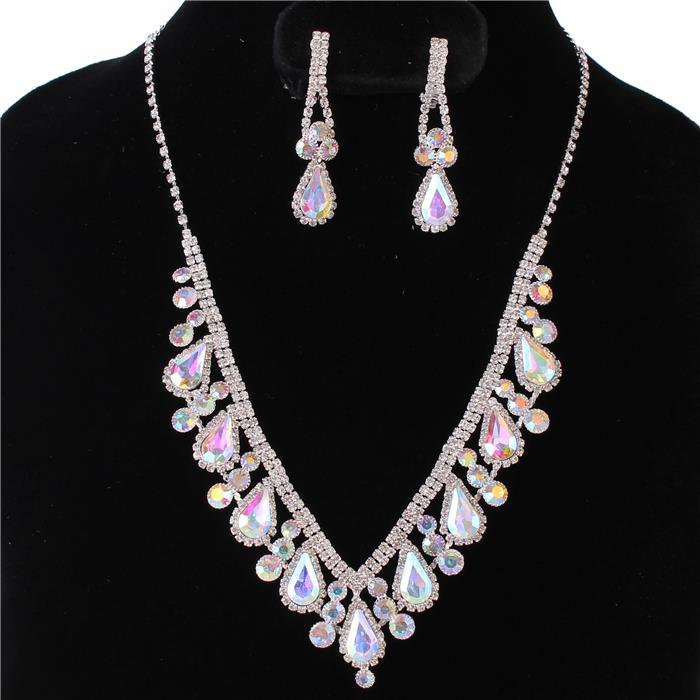 Rhinestones Teardrop With Clip-On Earring Necklace Set