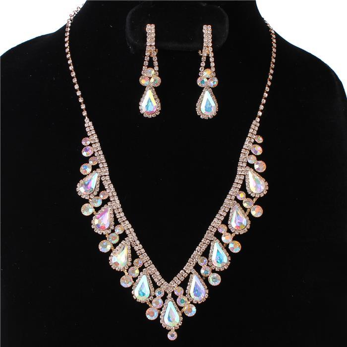 Rhinestones Teardrop With Clip-On Earring Necklace Set