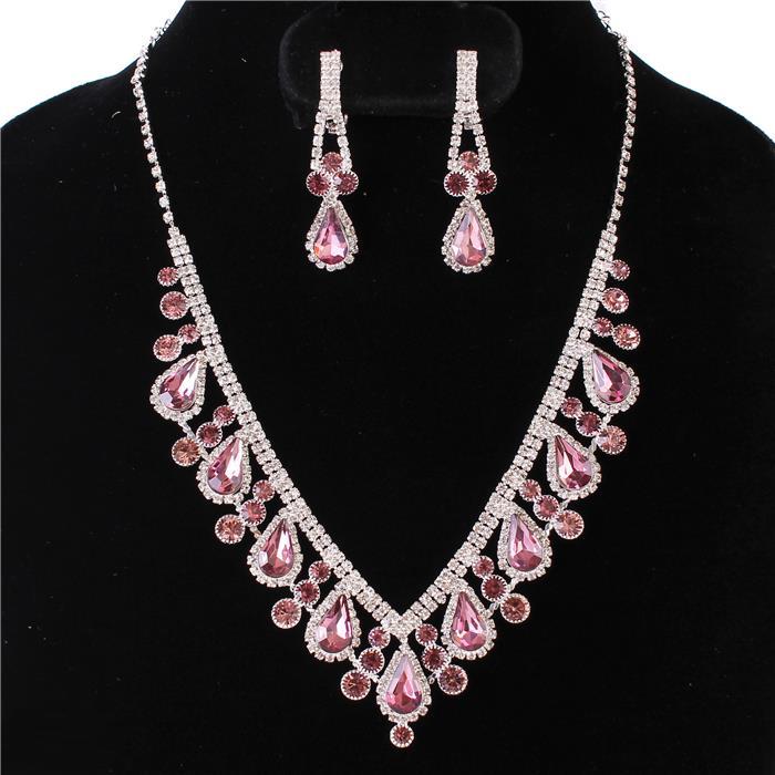 Rhinestones Teardrop With Clip-On Earring Necklace Set