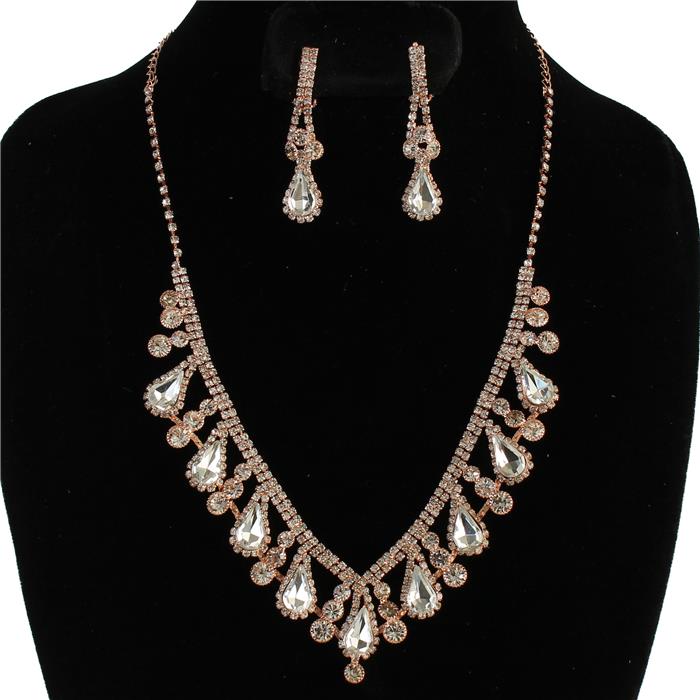 Rhinestones Teardrop With Clip-On Earring Necklace Set