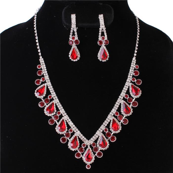 Rhinestones Teardrop With Clip-On Earring Necklace Set