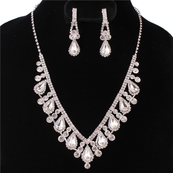 Rhinestones Teardrop With Clip-On Earring Necklace Set