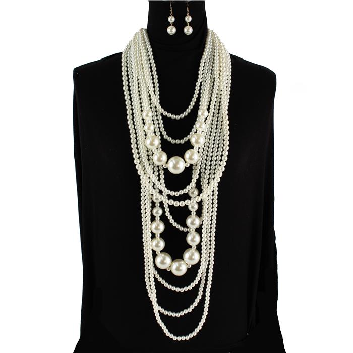 Pearl 10 Row Long Necklace Set