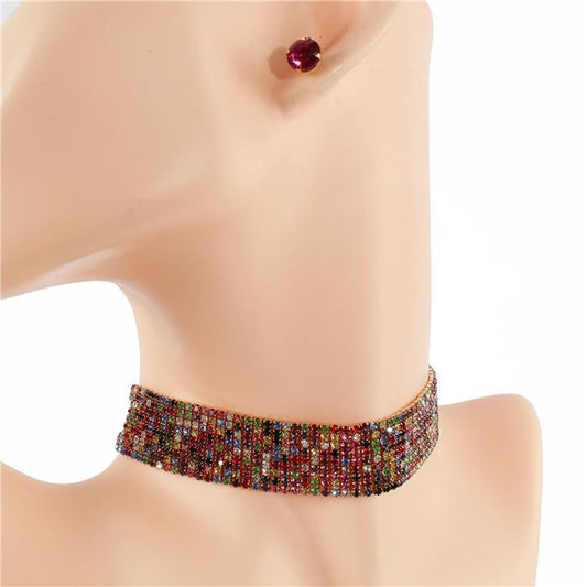 Rhinestones 9 Lines Choker Necklace Set