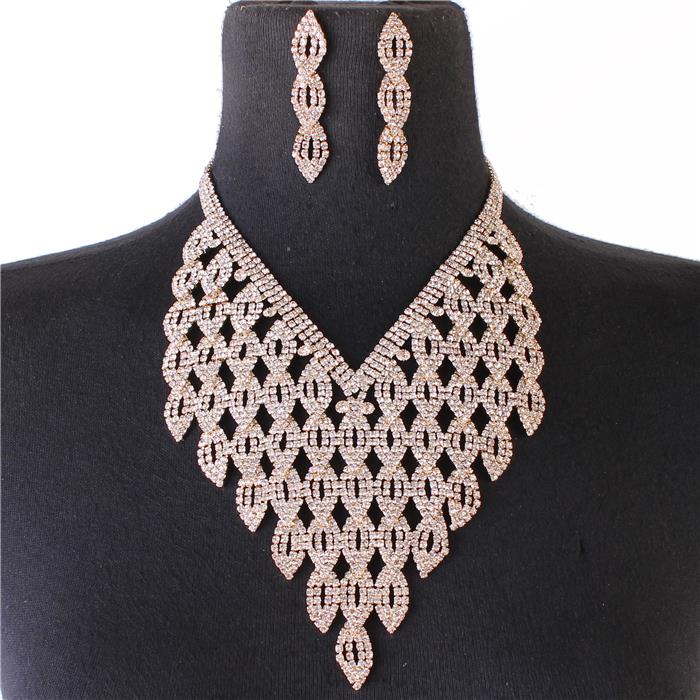 Rhinestones Leaves Drop Necklace Set