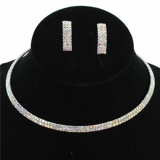 Rhinestones Two Lines Choker Necklace Set