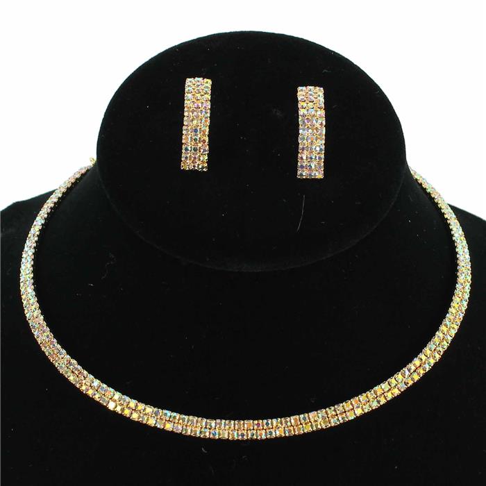 Rhinestones Two Lines Choker Necklace Set