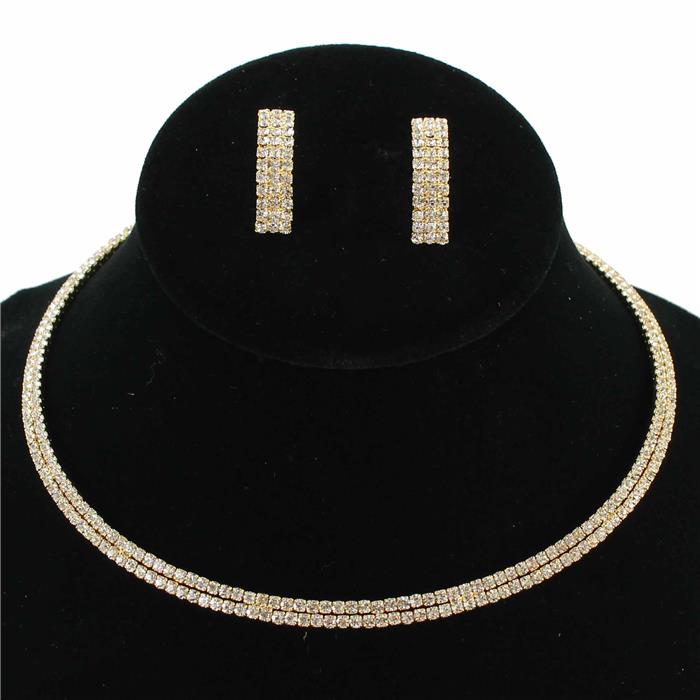 Rhinestones Two Lines Choker Necklace Set