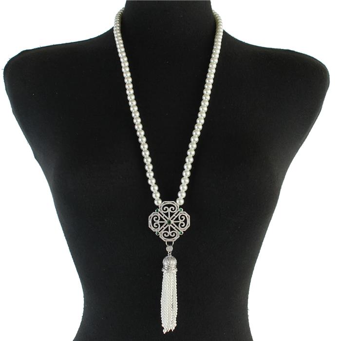 Pearl Long Tassel Cz Necklace