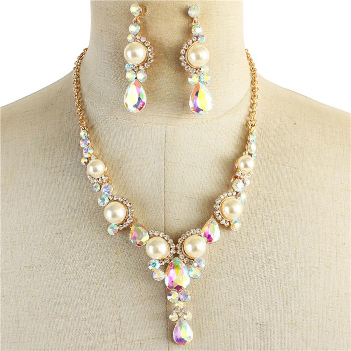 Crystal Pearl Drop Necklace Set