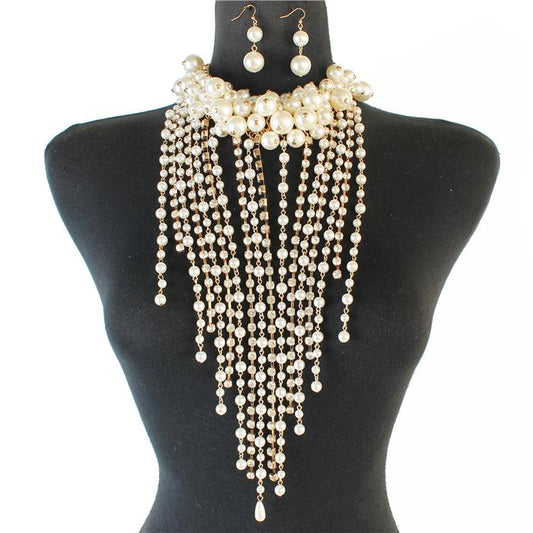 Pearl Rhinestone Fringed Long Necklace Set