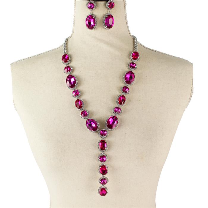 Rhinestones Oval Long Necklace Set