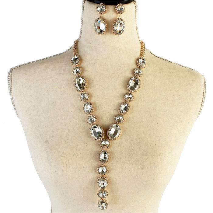 Rhinestones Oval Long Necklace Set