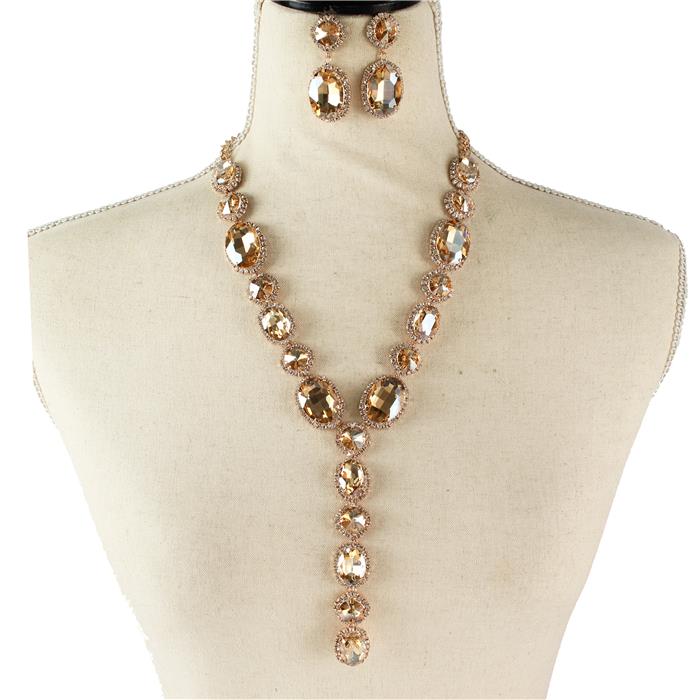 Rhinestones Oval Long Necklace Set