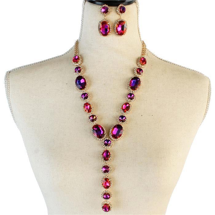 Rhinestones Oval Long Necklace Set