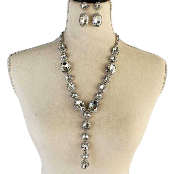 Rhinestones Oval Long Necklace Set