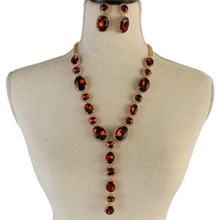 Rhinestones Oval Long Necklace Set