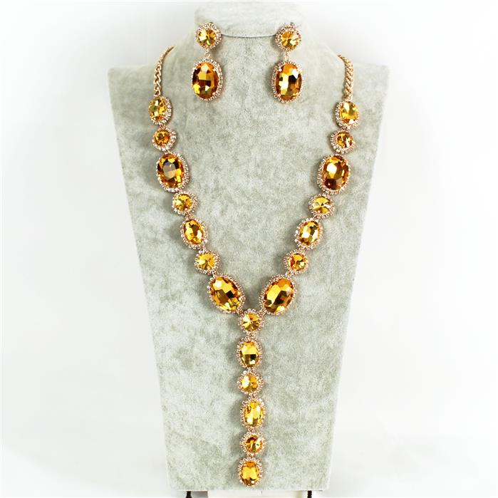 Rhinestones Oval Long Necklace Set