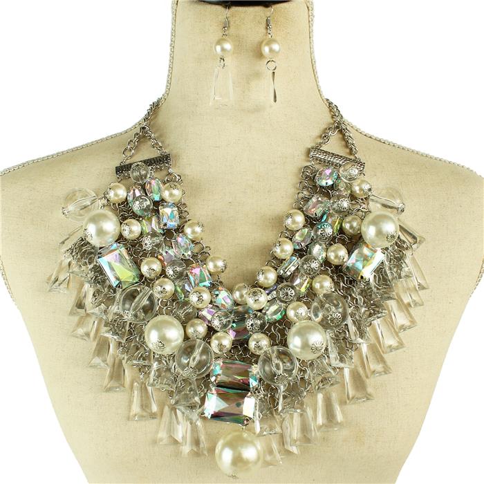 Stones Pearls Chunky Necklace Set