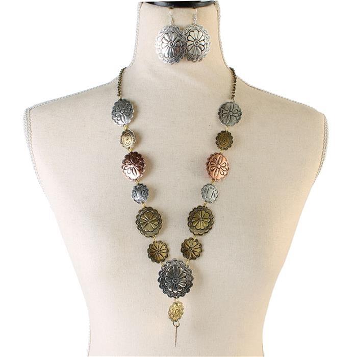 Metal Flower Oval Long Necklace Set