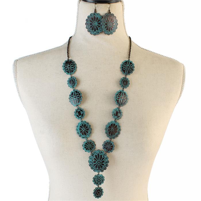 Metal Flower Oval Long Necklace Set