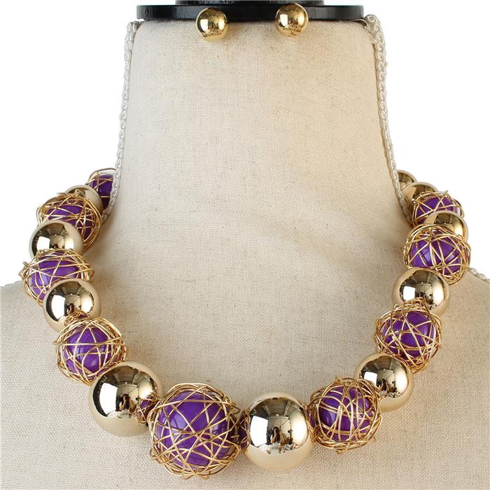 Wired Metal Pearl Ball Necklace Set