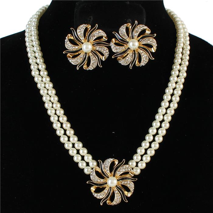 Pearl 2 Ln Flower Necklace Set