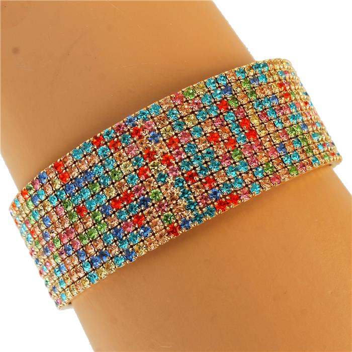 Rhinestone Multicolor 10 Row Cuff Bangle