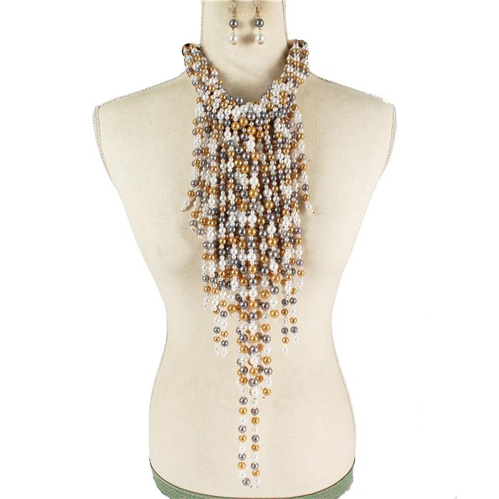 Pearl Long Fringed Drop Necklace Set