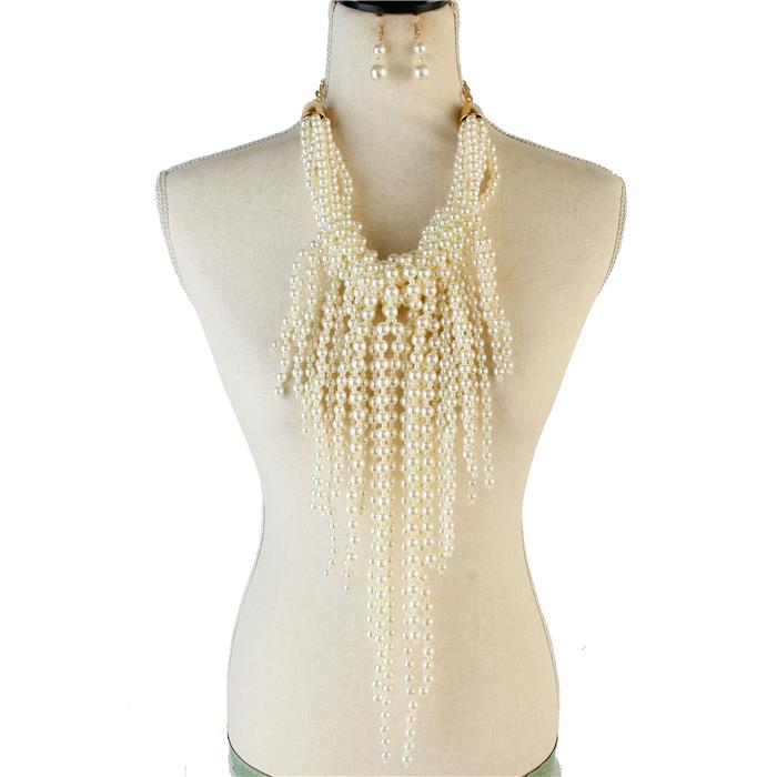 Pearl Long Fringed Drop Necklace Set