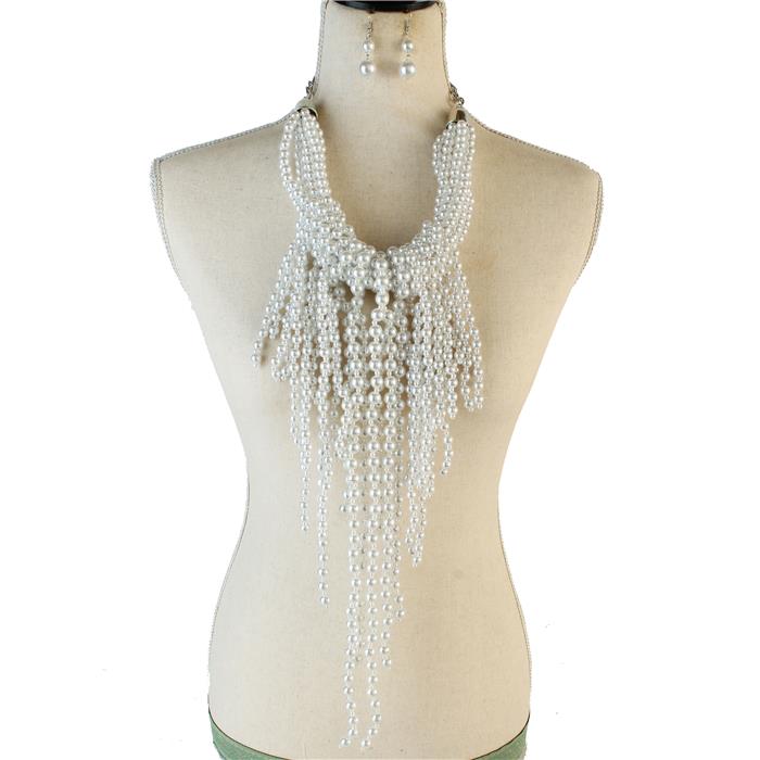 Pearl Long Fringed Drop Necklace Set