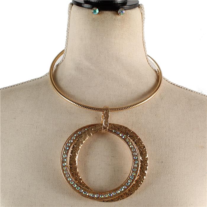 Hammered Metal Round With Rhinestone Choker Set