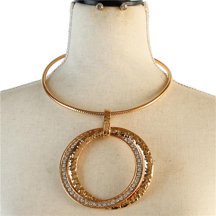 Hammered Metal Round With Rhinestone Choker Set