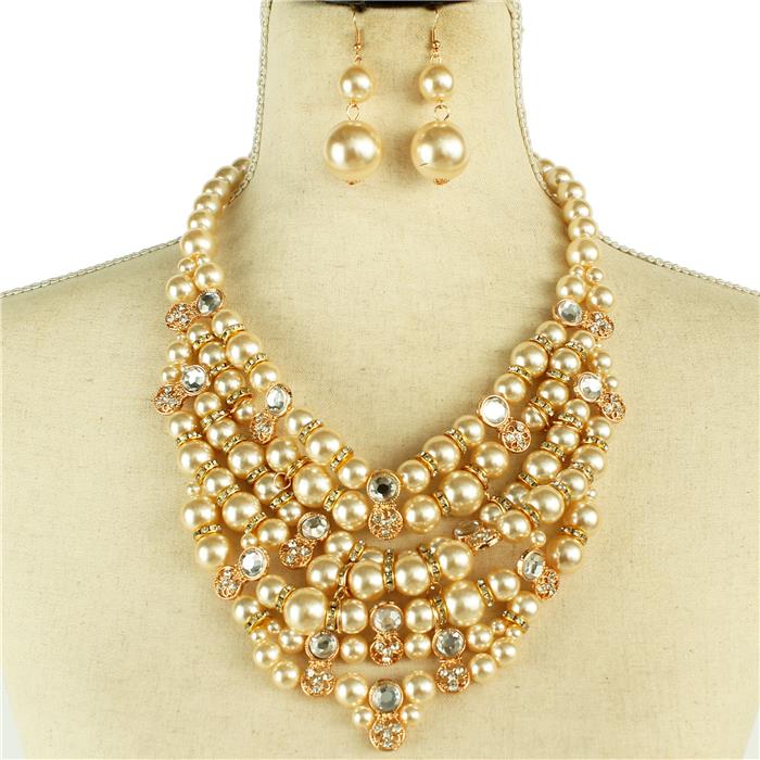 Pearls Stones Bid Necklace Set