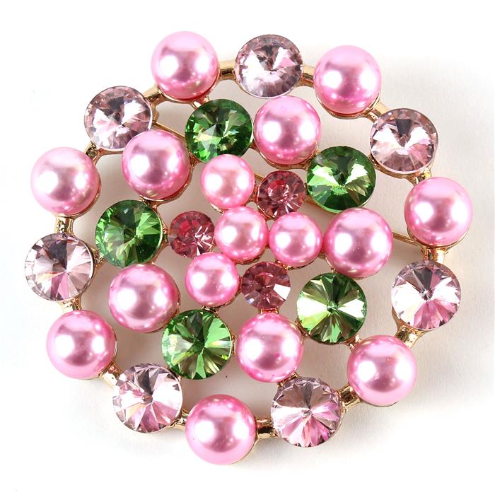 Pearls Crystal Round Brooch