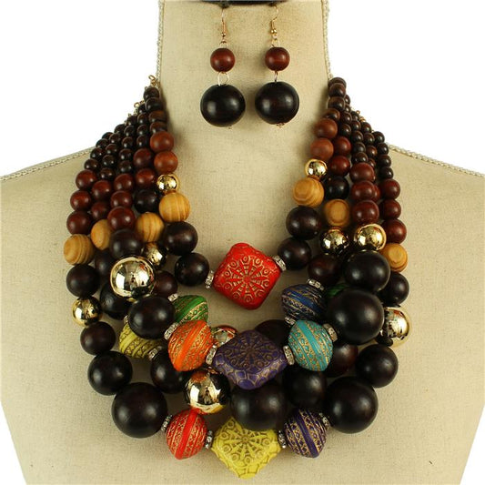 Wood Four Layereds Necklace Set